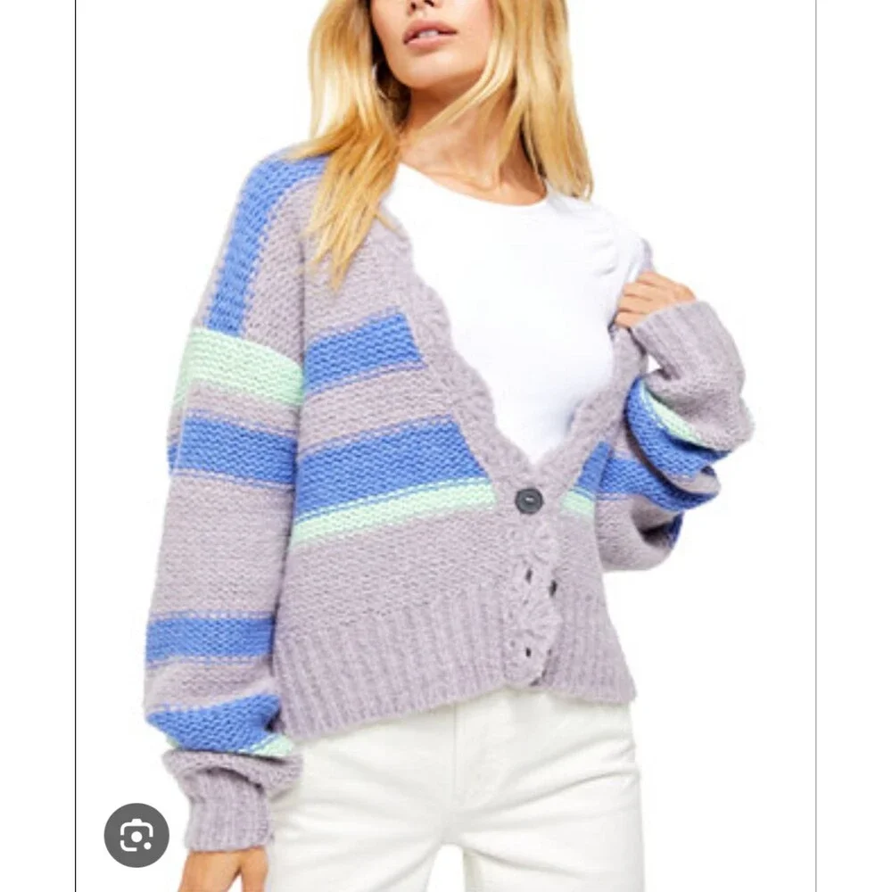 Free People Sweater Womens M Purple‎ Blue Green Striped Cardigan